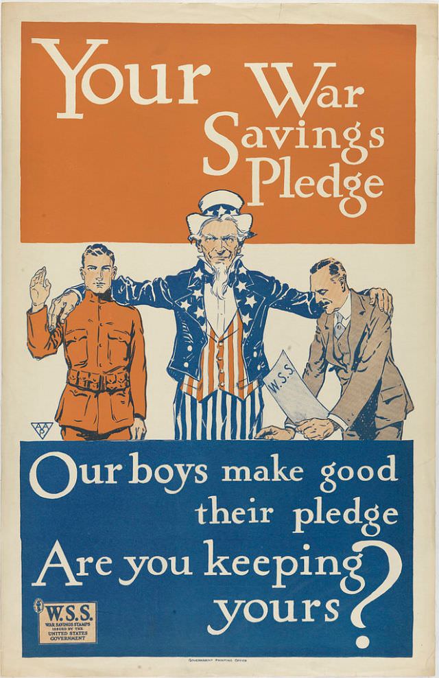Uncle Sam with one arm around a young man in uniform, and one arm around an older man holding a War Savings Pledge