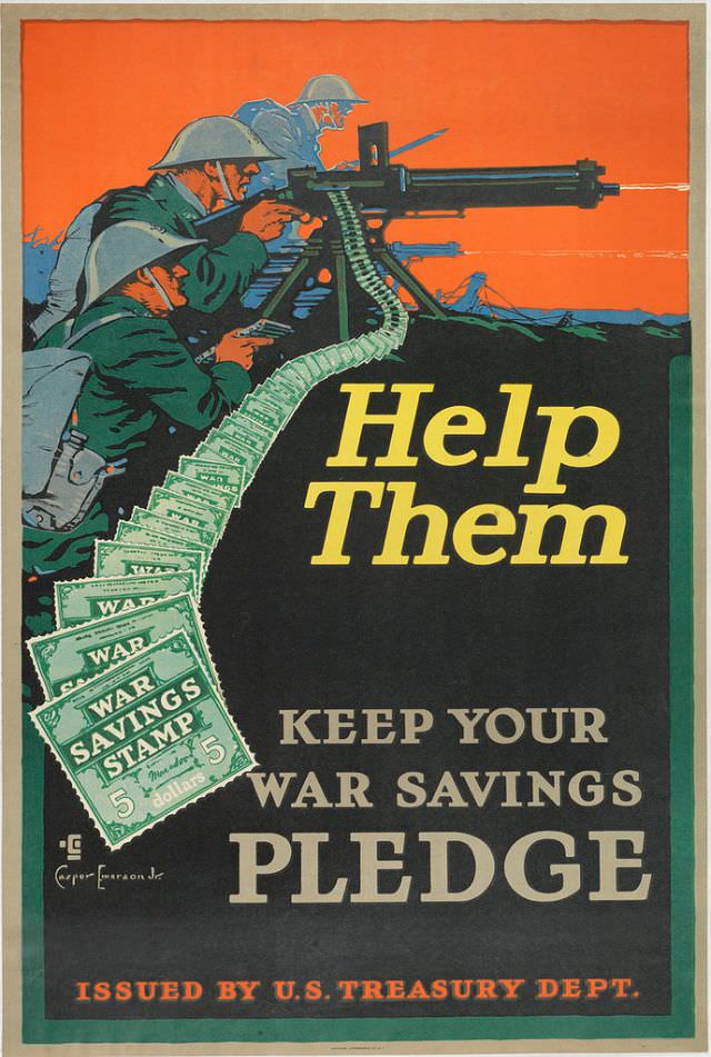 War Savings Stamps as an ammunition belt, feeding into a soldier's machine gun
