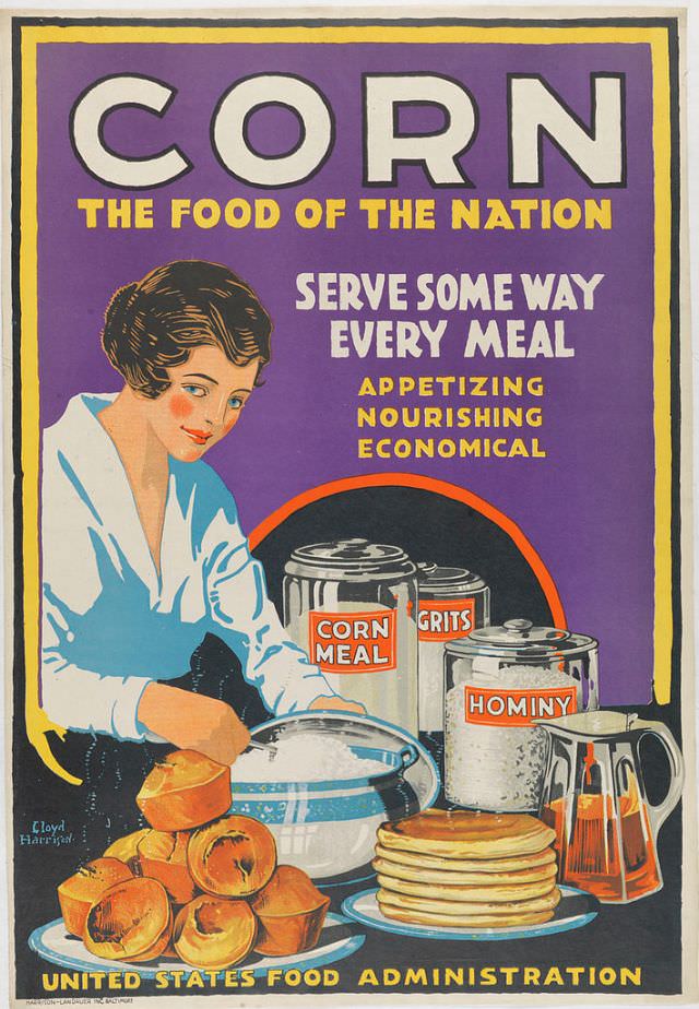 Poster that urges Americans to rely on corn in their cooking, allowing wheat to be sent overseas to feed soldiers and European allies
