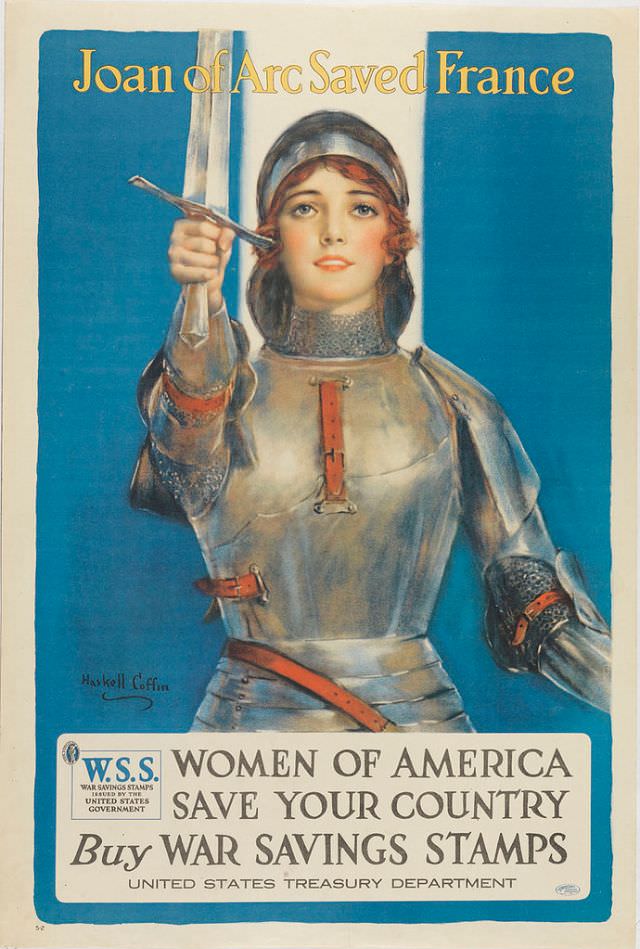 Poster urges to American women to buy War Saving Stamps by using Joan of Arc as a symbol of female patriotism