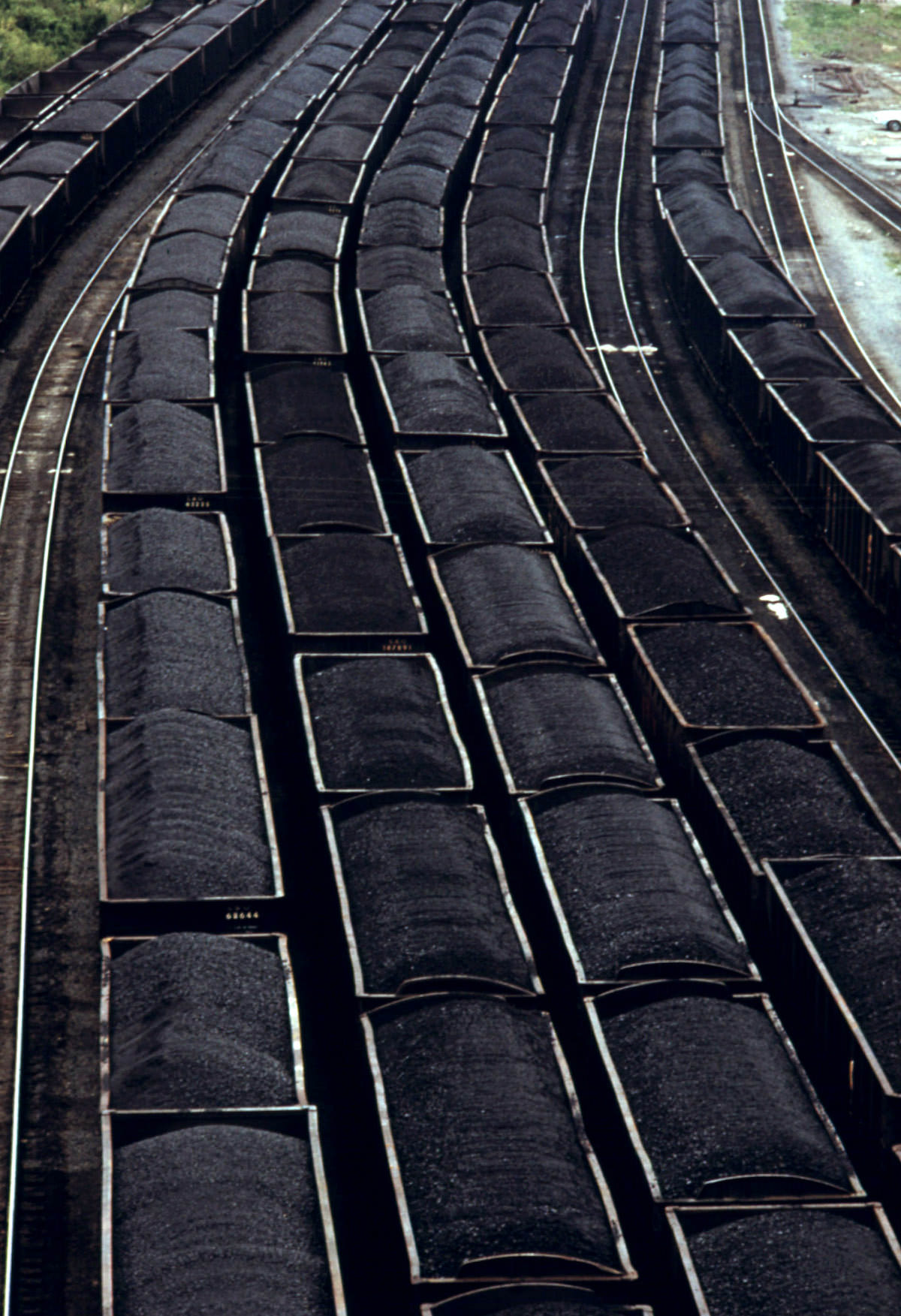 Loaded coal cars sit in the rail yards at Danville, West Virginia, near Charleston. Awaiting shipment to customers.