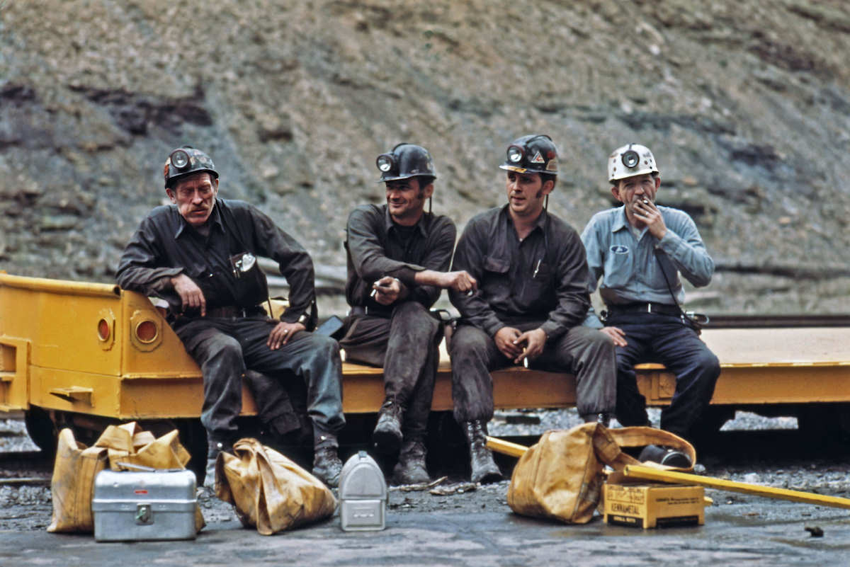 A group of miners waiting to go to work on the 4 pm-to-midnight shift at the Virginia-Pocahontas coal company mine #4 near Richlands, Virginia.