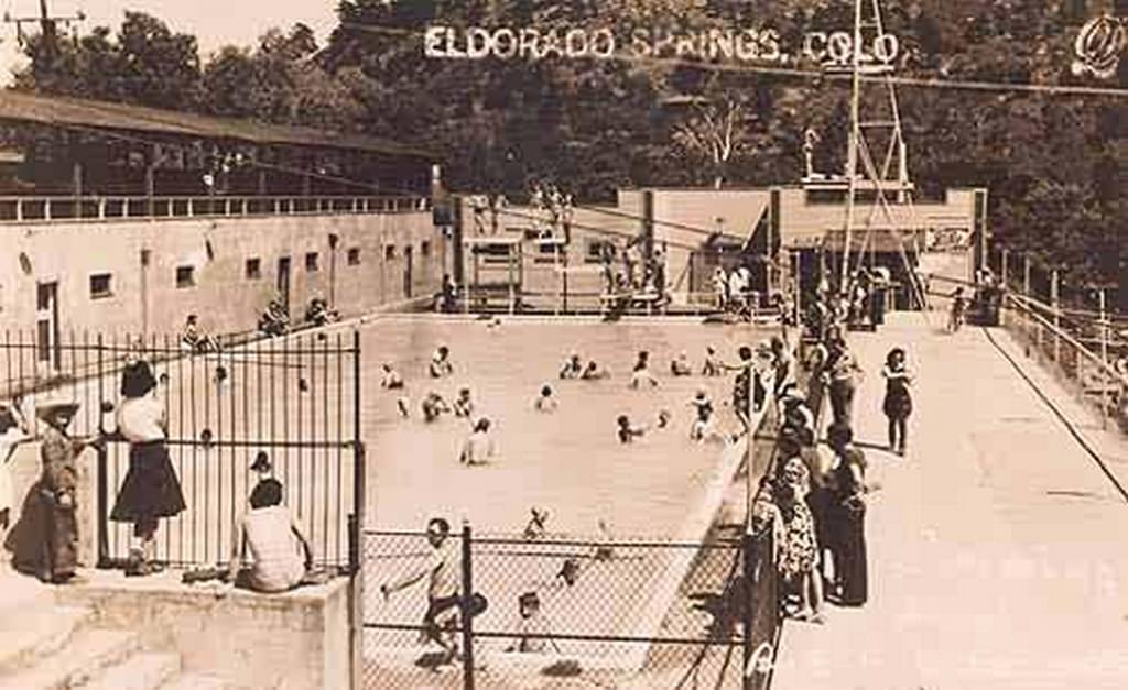 People enjoying the Eldorado Springs resort swimming pools, 1880s