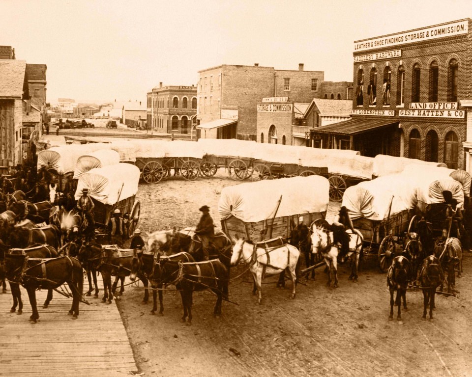 Wagon Train on Market Street, 1869