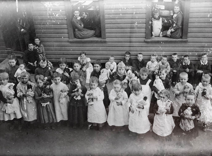 Children Outside of a School House, 1885