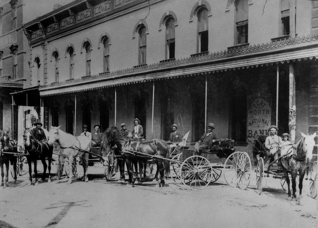 Fort Worth National Bank with horses and buggies in front, 1880