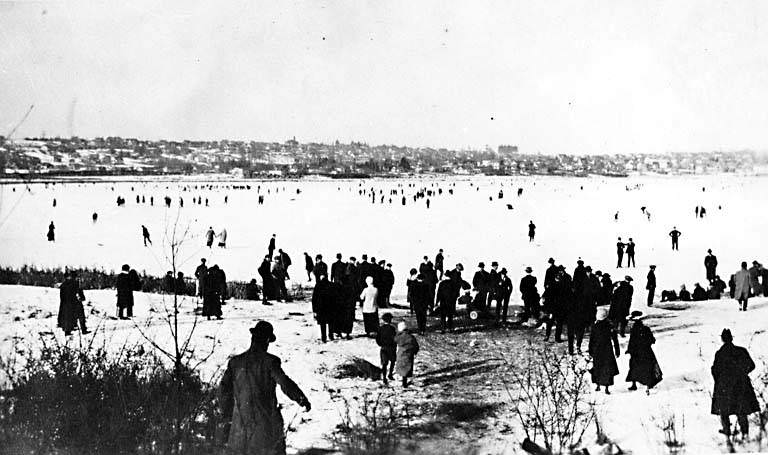 Ice skaters on Lake Union, 1890