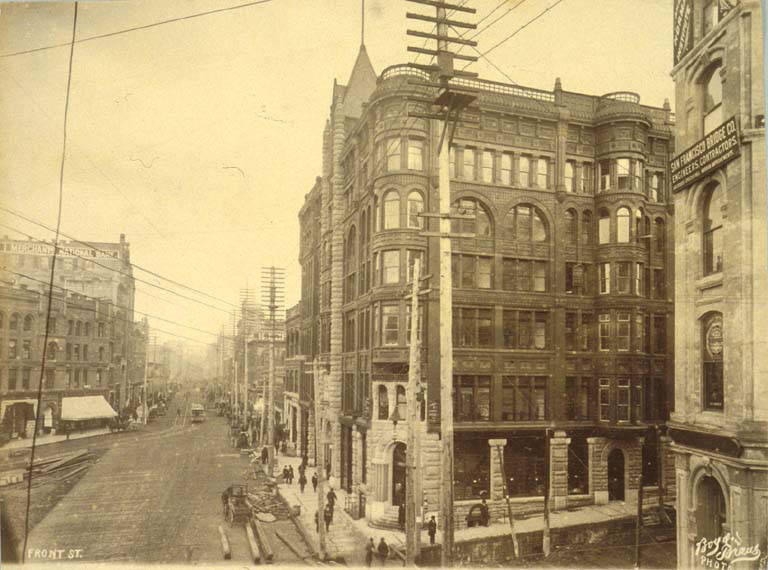Looking north on 1st Ave. from James Street, 1890.