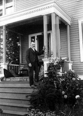 Man, probably John Soule, on steps of Soule home, 1353 32nd Avenue, 1890s