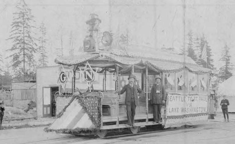 Menstanding on the first through streetcar on Madison Street, Seattle, 1890
