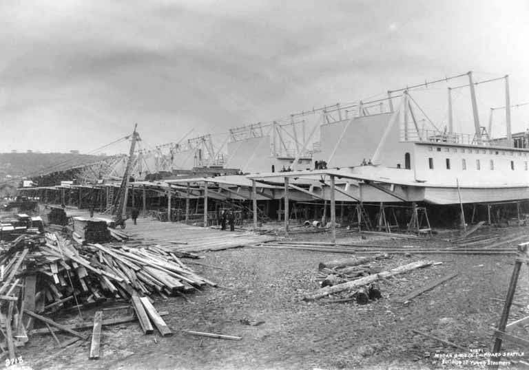 Moran Brother's Shipyard showing steamboats for the Klondike under construction, 1898