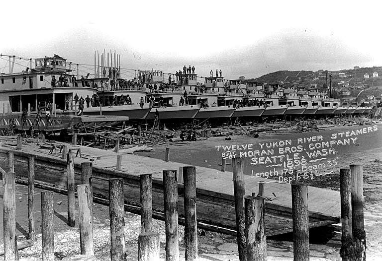 Moran Brothers Co. shipyards building steamboats for service in the Klondike gold rush, 1898