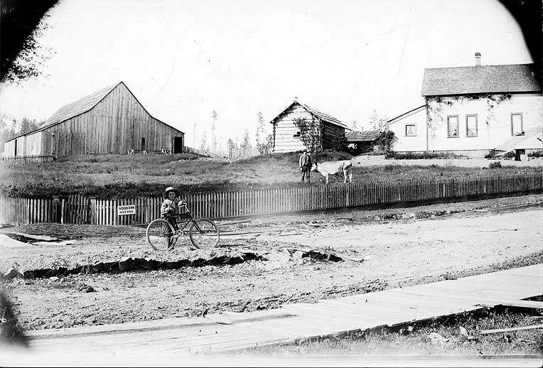 Neil Conn with bicycle and George Conn with cow standing in front of William D. Wood house, Woodlawn Avenue, 1897