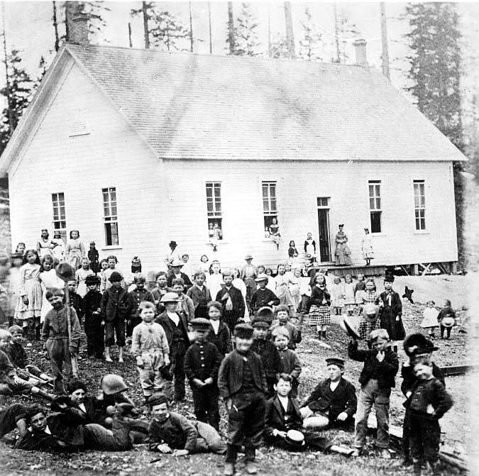 North School, building and school children, 1879