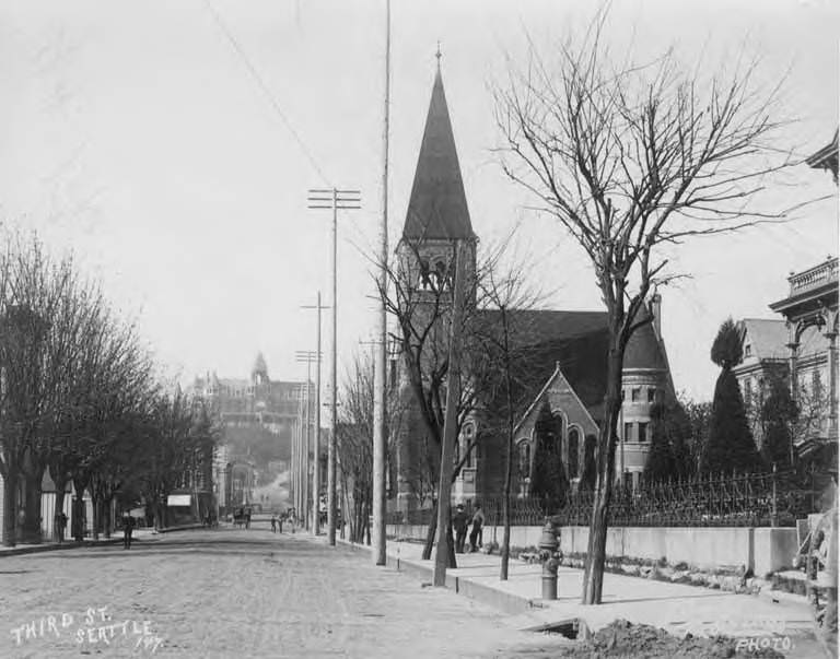 Plymouth Congregational Church and 3rd Street, Seattle, 1890