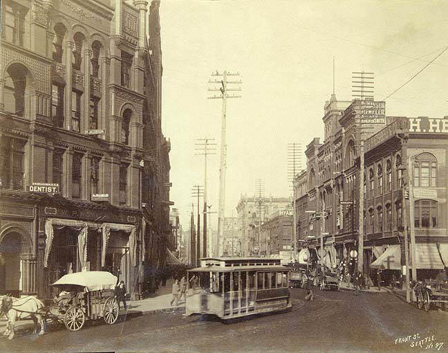 1st Avenue from Cherry St., looking north, Seattle, 1890.
