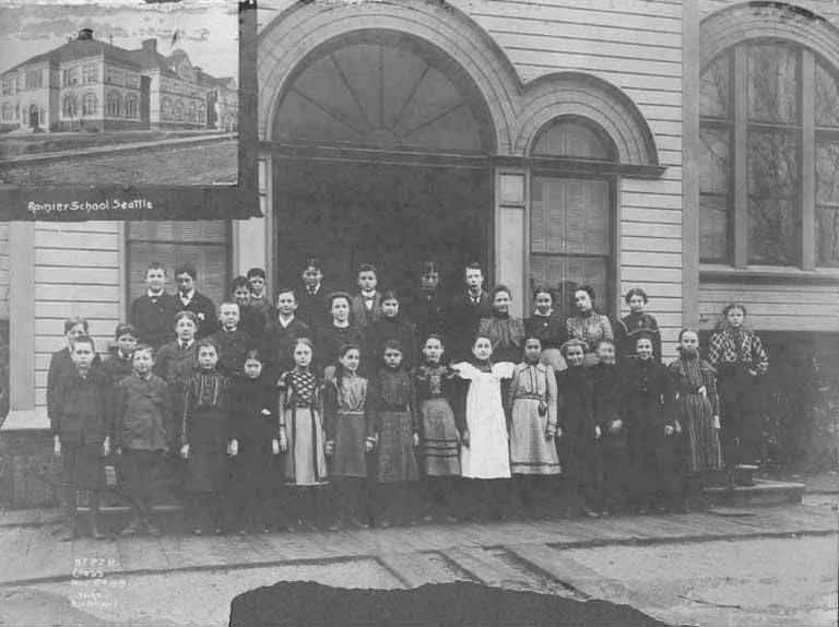 Rainier School and school children posed in front of entrance, November 27, 1899
