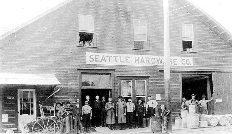 Seattle Hardware Co. in temporary quarters at 2nd Avemie and Pike Street after the fire of June 6, 1889