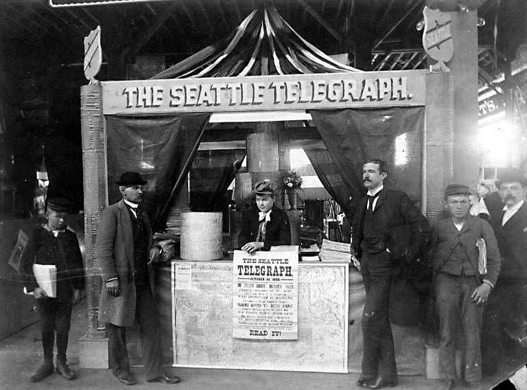 Seattle Telegraph newspaper booth, 1890