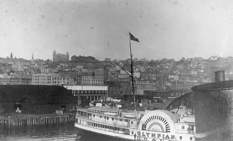 Side-wheeler olympian moored at Seattle waterfront, 1888