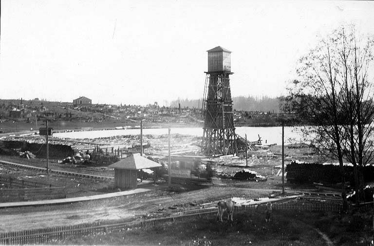 Water tower of Green Lake Station and other buildings on northeast shore of Green Lake, 1896