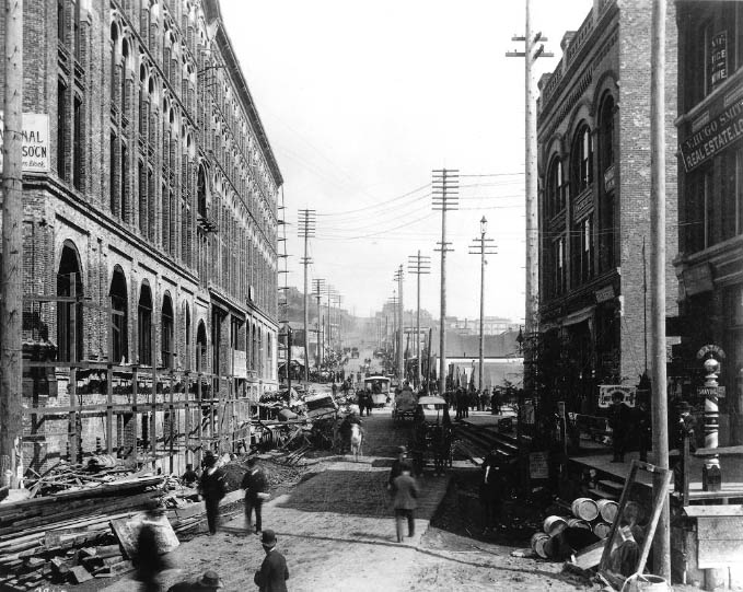 Yesler Way, looking east from First Ave., Seattle, 1889
