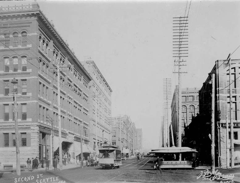 2nd Avenue from James Street, looking north, Seattle, 1890