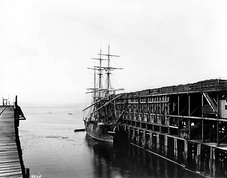 Unidentified sailing vessel at coal dock, 1889