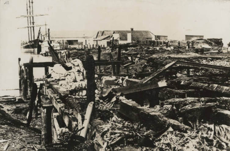 Fire wreckage at foot of Yesler Way, July 26, 1879