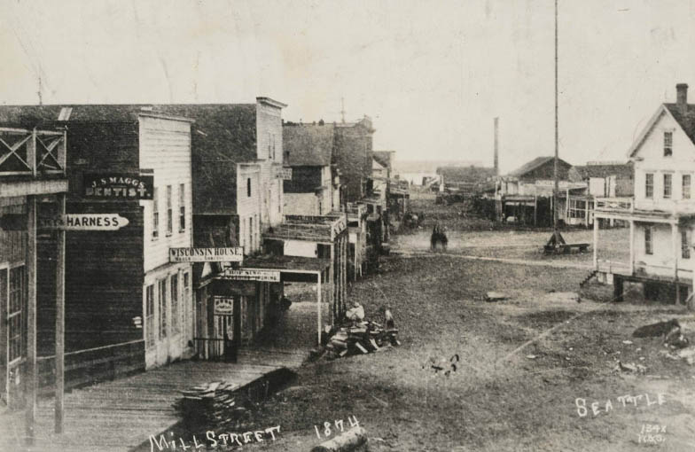 Yesler Way looking west from 2nd Avenue, 1874