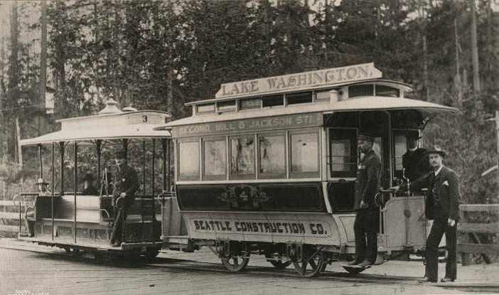 First cable car near the end of the Yesler Way line at Lake Washington, 1888