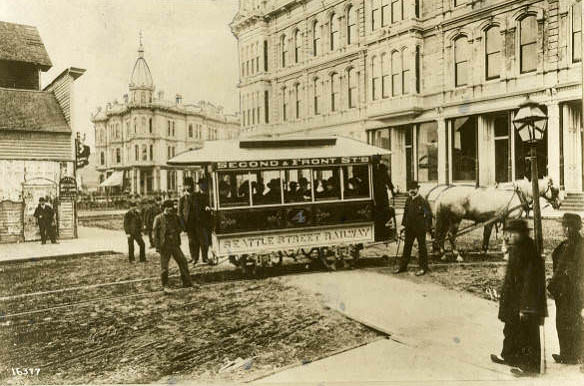 First street car at S. Occidental Ave. and Yesler Way, September 20, 1884