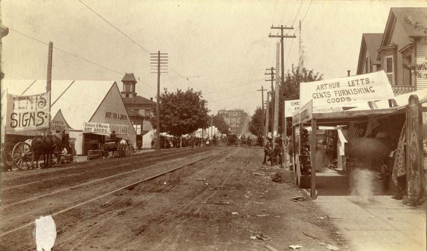 Reconstruction at 2nd Ave. and Spring Street following fire, June 1889