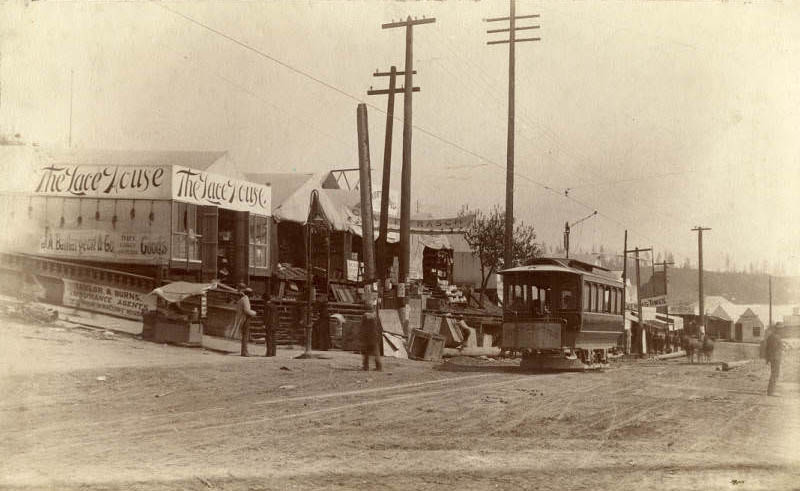 Temporary buildings at 2nd Ave. and James St. following fire, June 1889