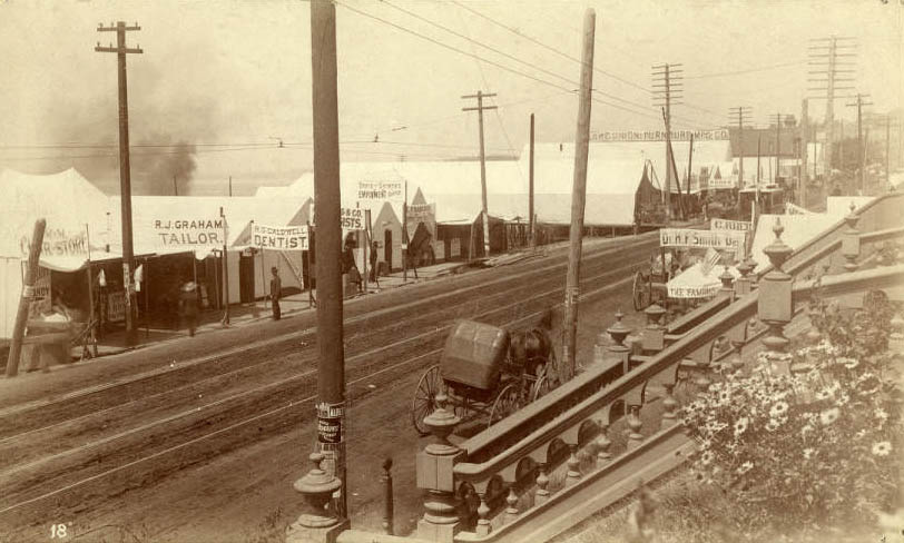 Temporary tents at 2nd Ave. and Marion St. following fire, June 1889