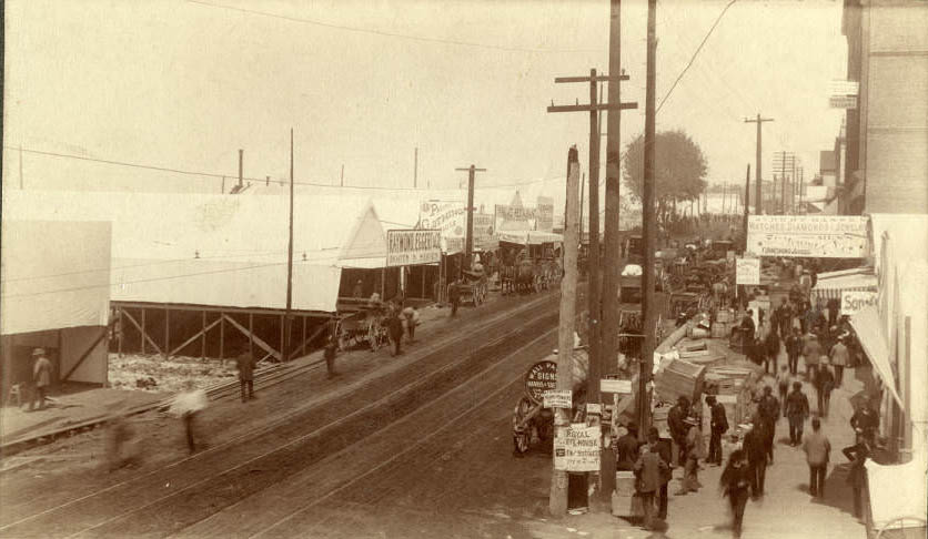 Temporary tents erected after fire near 2nd Ave. and Columbia Street, July 1889