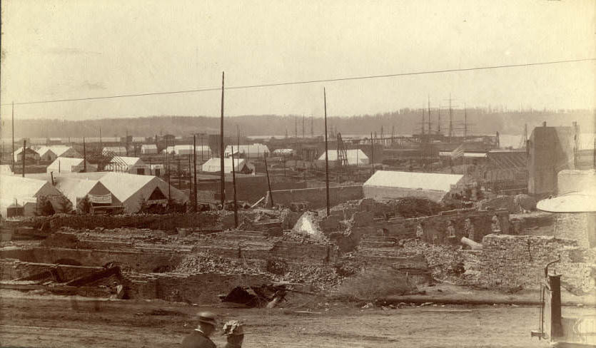 View of temporary tents erected after fire from 2nd Ave. and James Street, June 1889