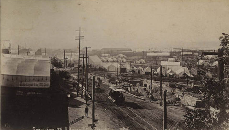 View south from 2nd Ave. and James St. towards tents erected after fire, July 1889