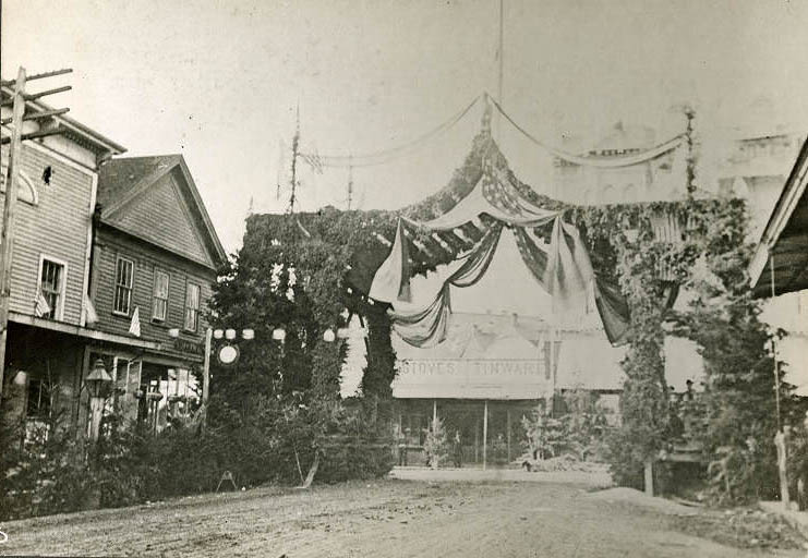 1st Ave. and Yesler Way decorations for Henry Villard visit, September 14, 1883