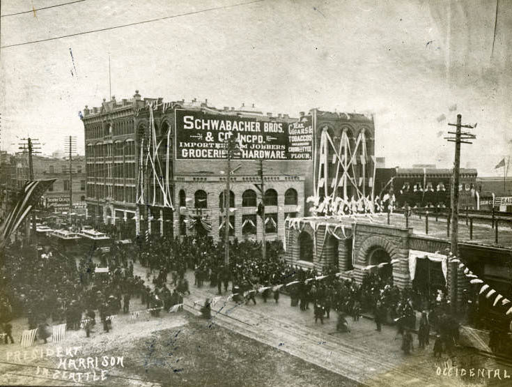 1st Ave. and Yesler Way decorations for President Benjamin Harrison's visit, May 5, 1891