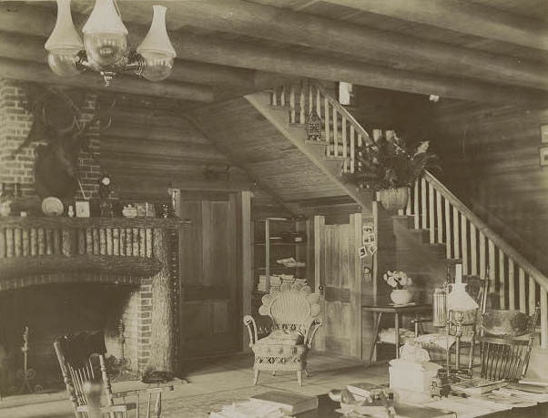 Interior of Antlers Hotel on Lake Cushman, 1898.