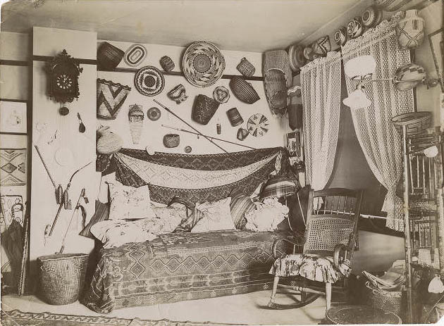 Native American baskets in home of Mabel Thompson, 1900