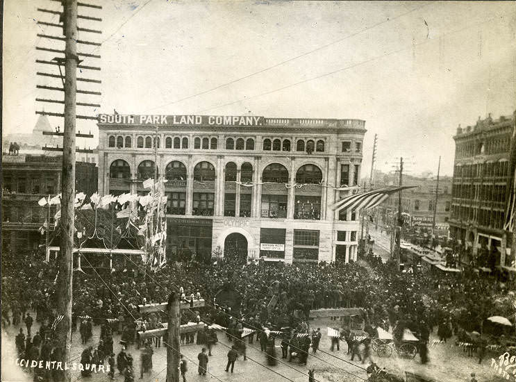 Reviewing stand decorated for visit of President Benjamin Harrison at 1st Ave. and Yesler Way, May 6, 1891