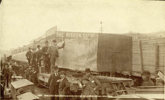 Train with lumber for Columbian Exposition at Columbia St. and Alaskan Way, 1893