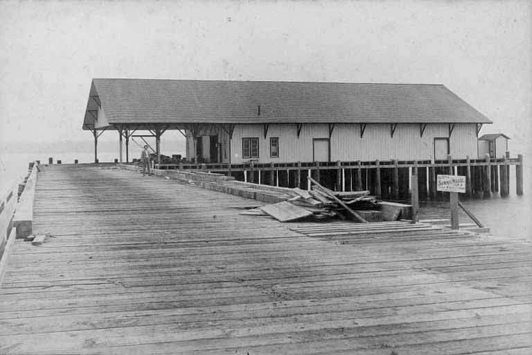 Building at the end of a pier, possibly Ballard neighborhood, Seattle, October 1890