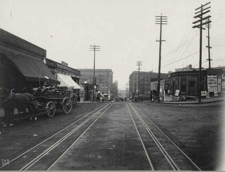 Yesler Way west from 3rd Avenue, 1892