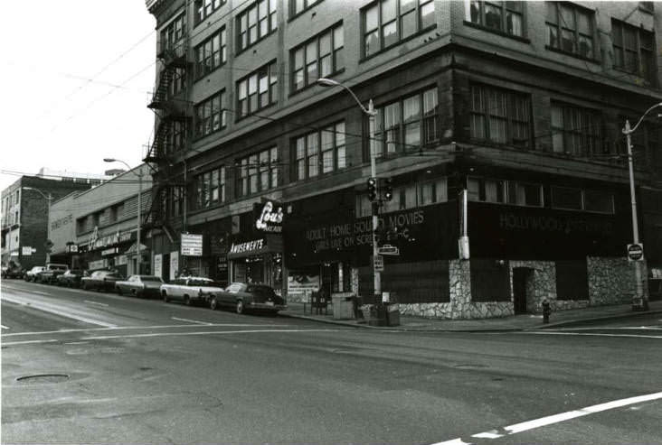 Businesses at the northeast corner of 1st Ave. and Union St., Seattle, December 13, 1981