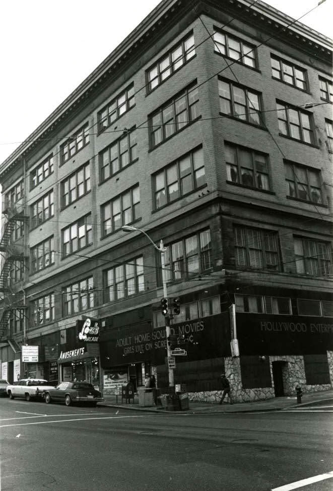 Businesses at the northeast corner of 1st Ave. and Union St., Seattle, December 13, 1981