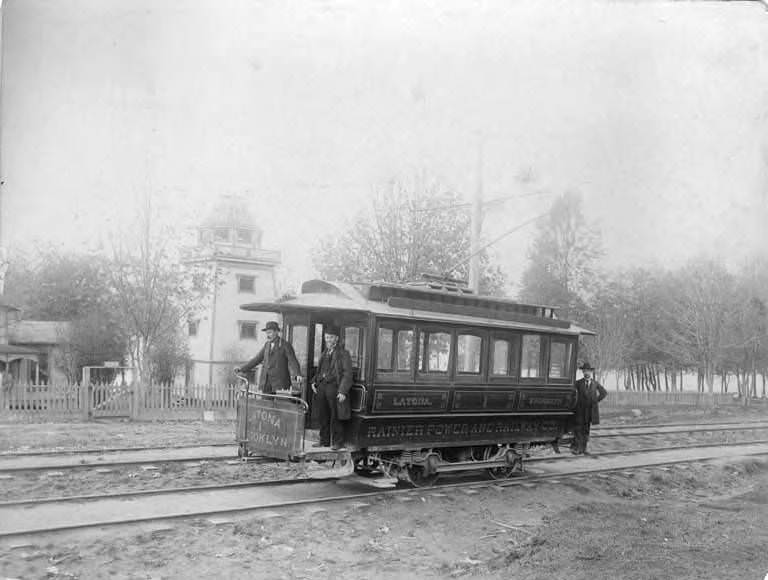 Car 1 of the Rainier Power and Railway Co. with investor David T. Denny, near Lake Union, Seattle, 1891