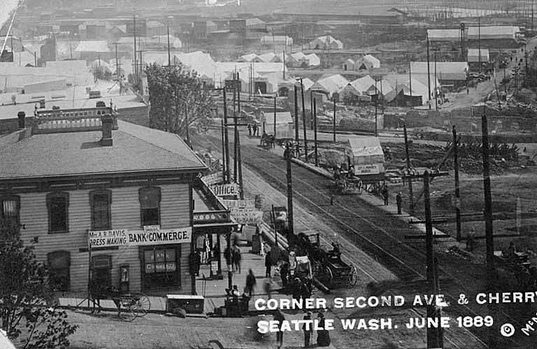 Corner of 2nd Avenue and Cherry Street showing tent city built after Great Fire, Seattle, June 1889